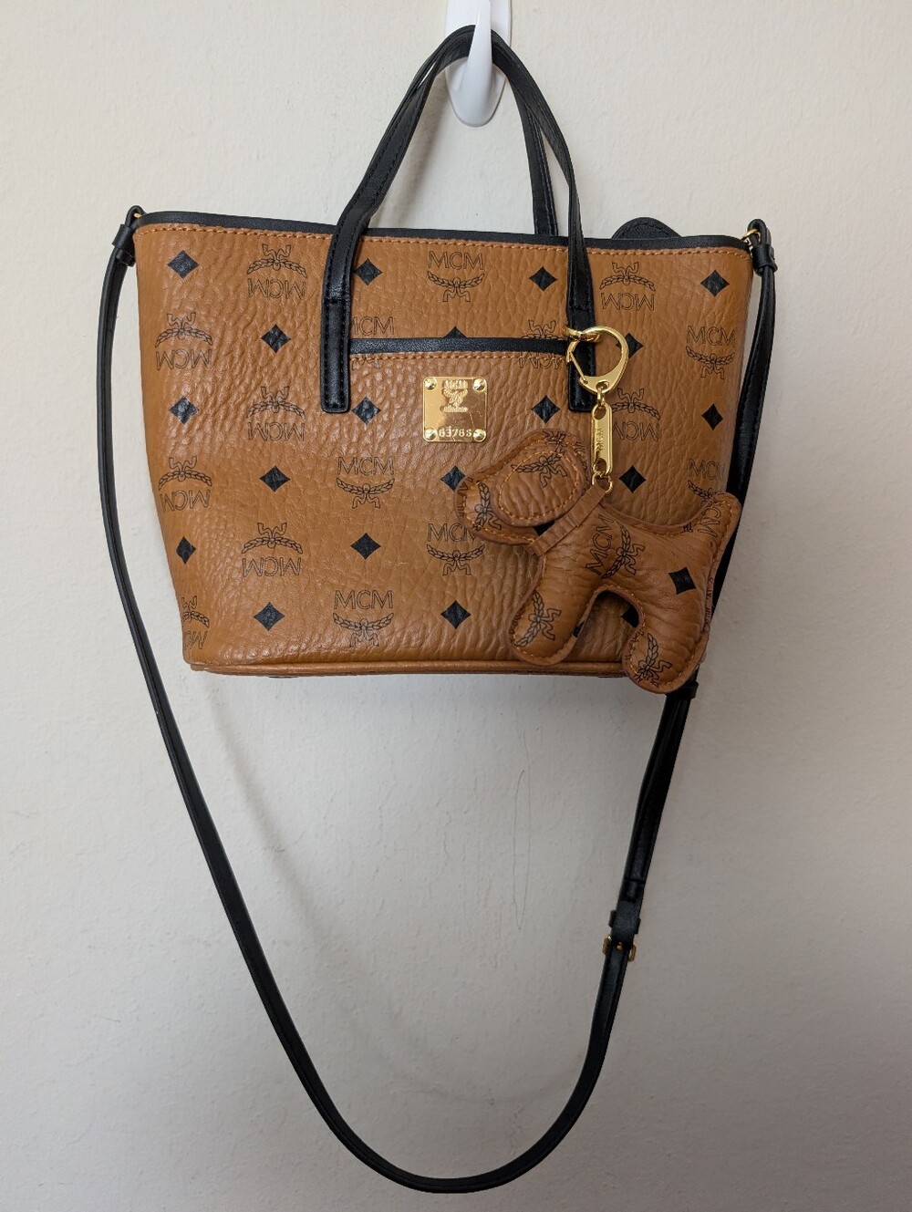 MCM Visetos Cognac Leather Mini Tote with Black Trim And Adorable Doggie Charm! - Picture 2 of 15